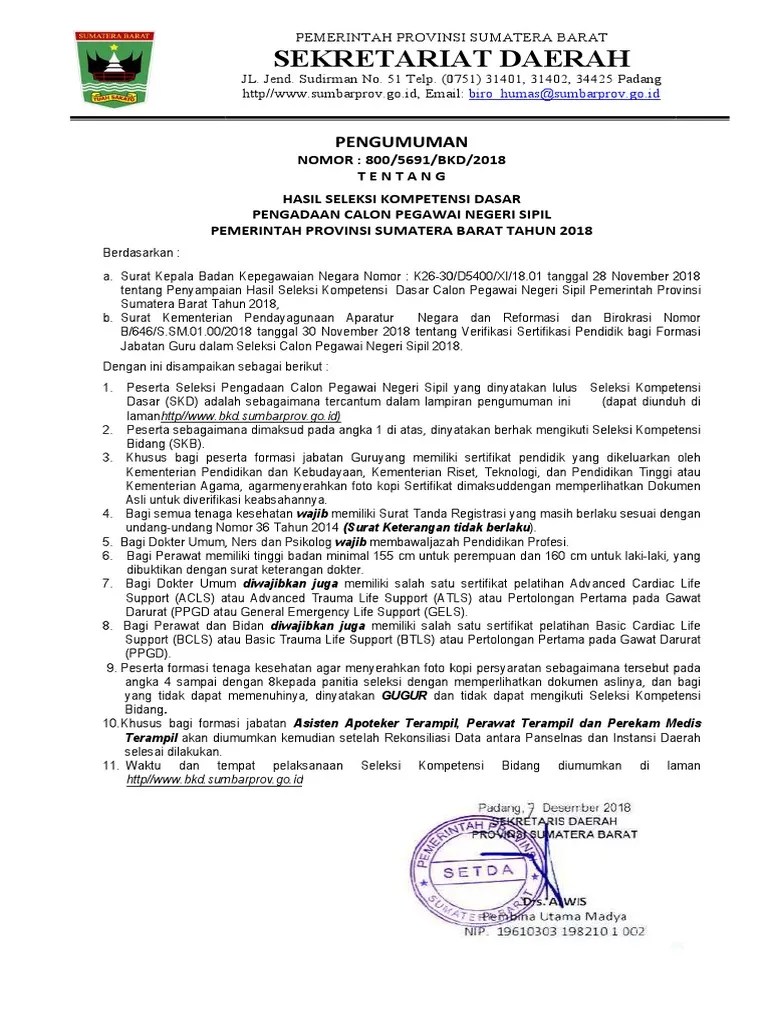 Pengumuman Hasil Ujian SKD CPNS Provinsi Sumbar 20181 | PDF