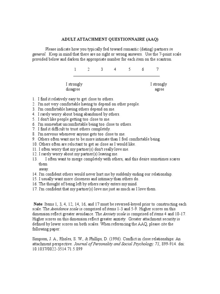 Adult Attachment Questionnaire (AAQ) PDF