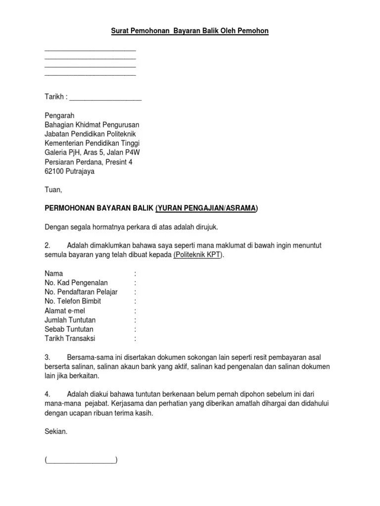 Contoh Surat Permohonan Tuntutan Bayaran Balik Contoh Contoh Surat Izin Kumpulan Contoh Surat Permohonan Pemulangan Duit 14 Permohonan Pindah Tugas Mutasi