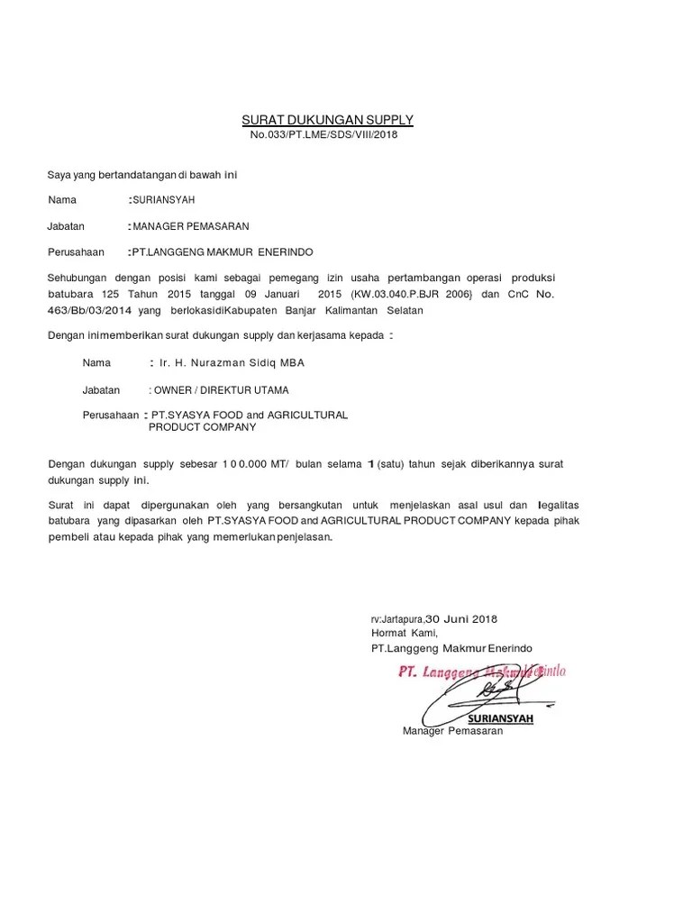 Surat Dukungan Supply ( NEW ) 100.000mt