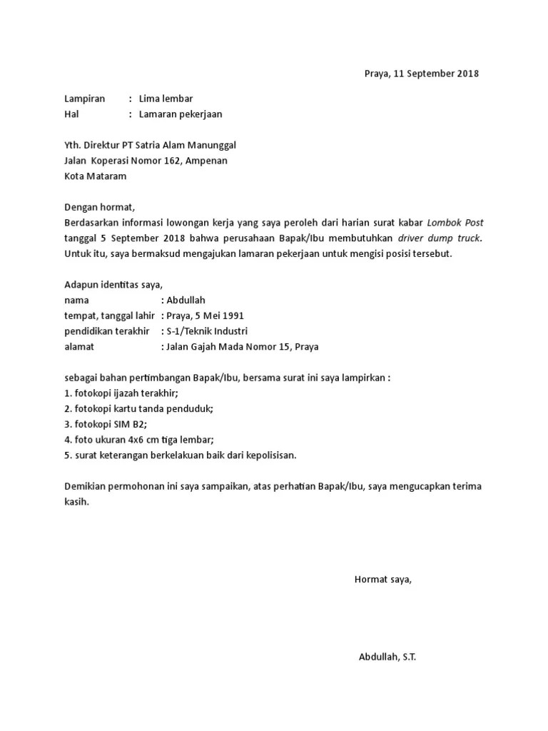 Contoh Surat Lamaran Pekerjaan Bahasa Indonesia | PDF