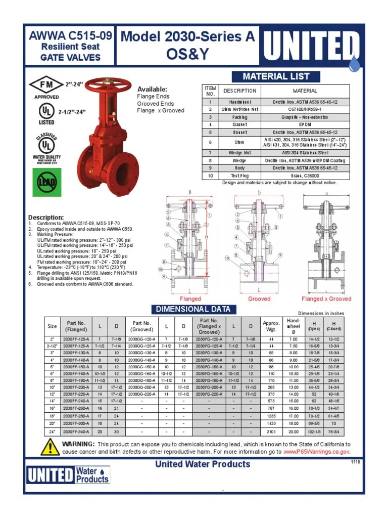 UL FM OS&Y Gate Valves, AWWA C515 Water Works Fire Protection Model 2030 Series A Valve