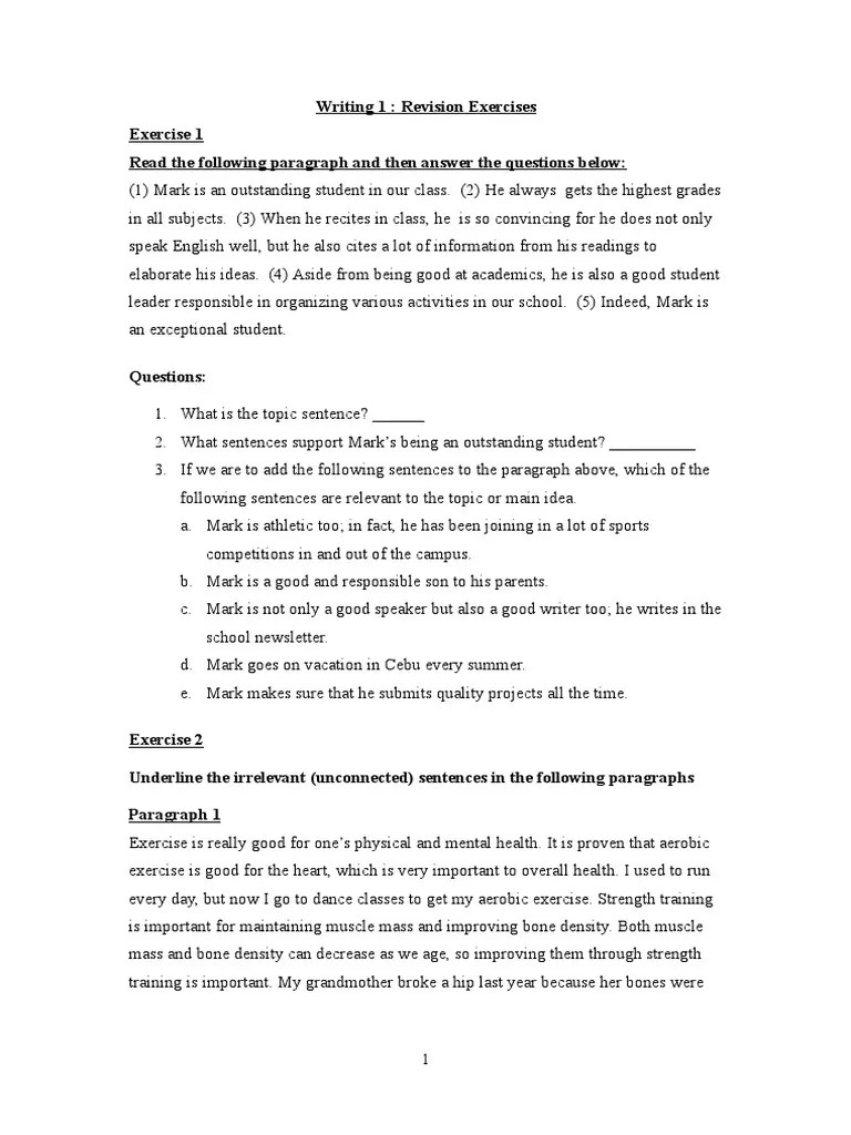 Writing 1 Revision Exercises Exercise 1 Read The Following Paragraph
