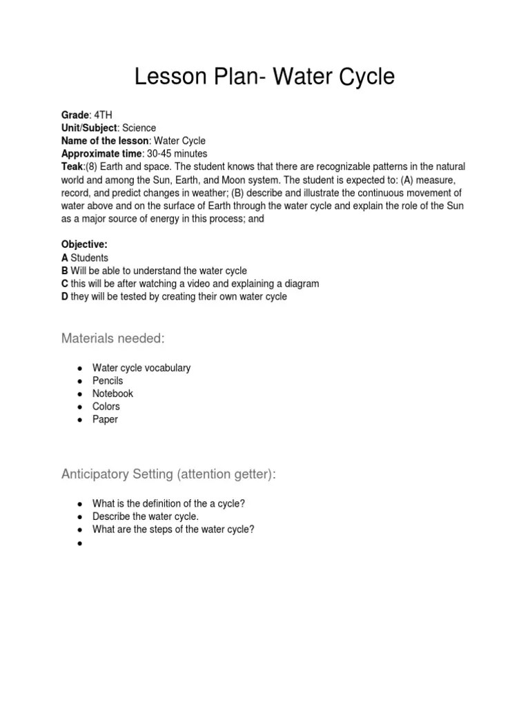 Lesson Plan-Water Cycle | PDF | Water Cycle | Earth
