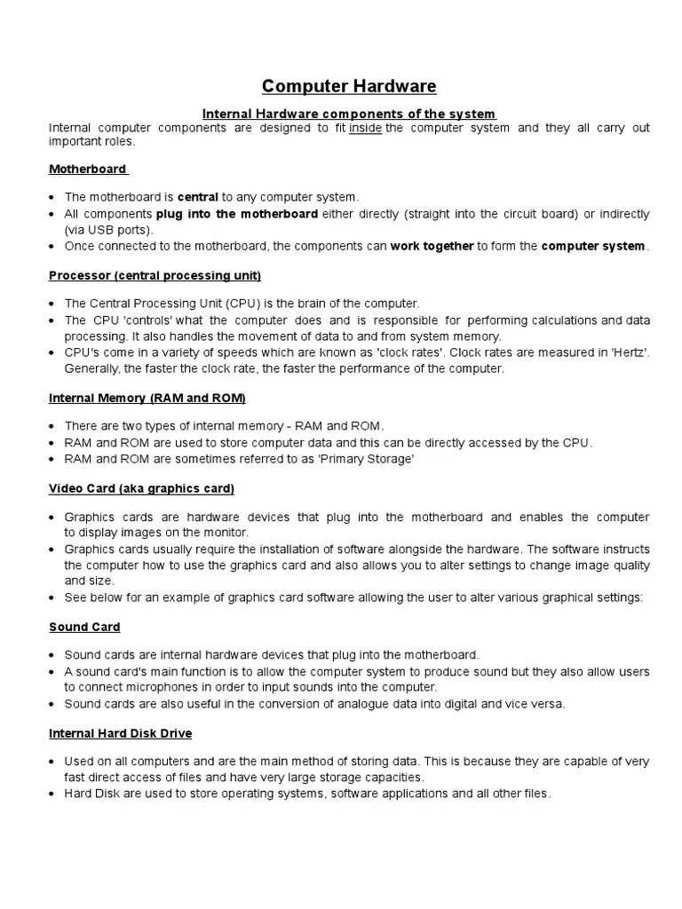 Computer Hardware Internal Hardware Components of The System PDF Computer Hardware Random