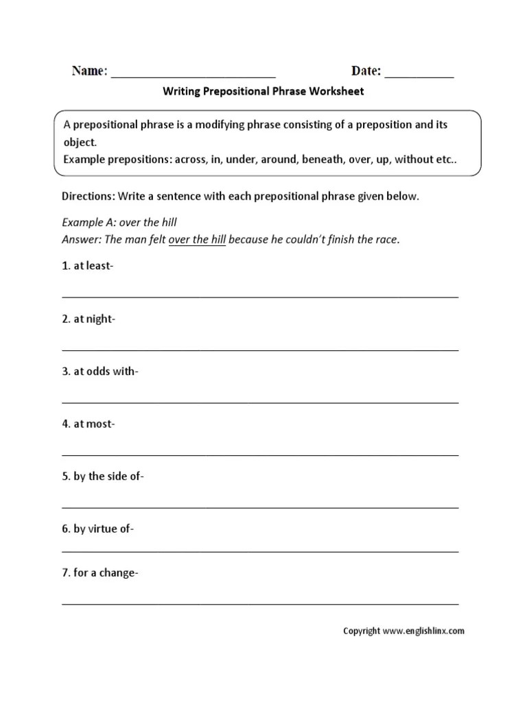 Writing Prepositional Phrase Worksheet PDF