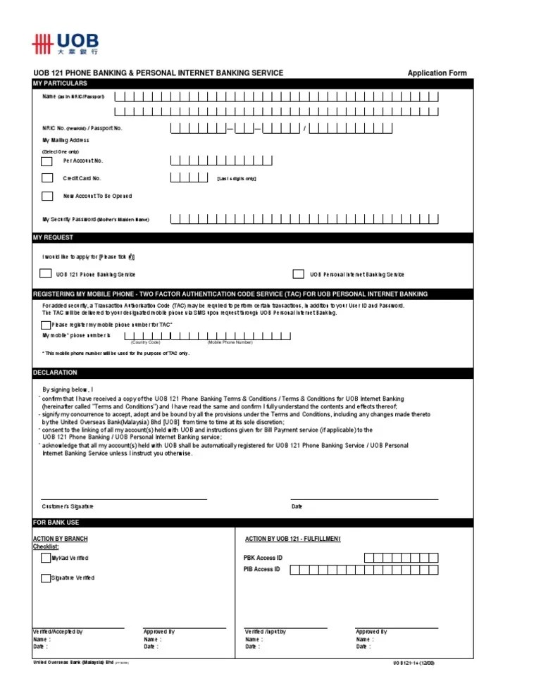 Uob Form PDF Online Banking Banks & Banking