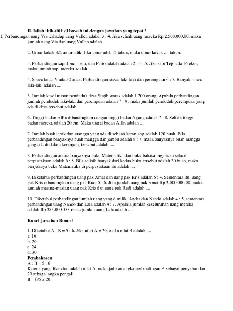 Soal Uraian Dan Kunci Jawaban Cara Soal Perbandingan | PDF