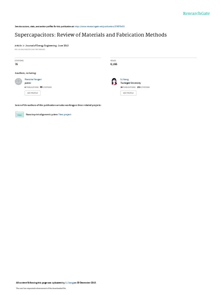 Supercapacitors Review of Materials and Fabrication Methods PDF