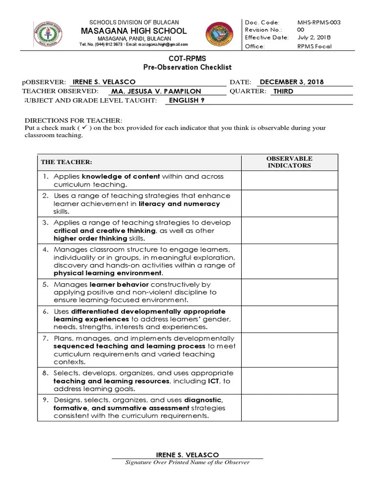 RPMS Form 3 COTRPMS PreObservation Checklist Curriculum