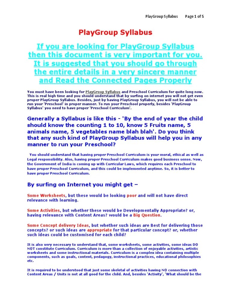 Play group syllabus Preschool Curriculum Free 30day Trial Scribd