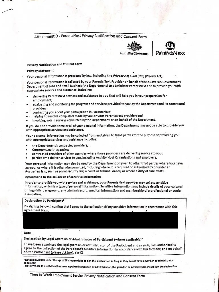 ParentsNext privacy notification and consent form