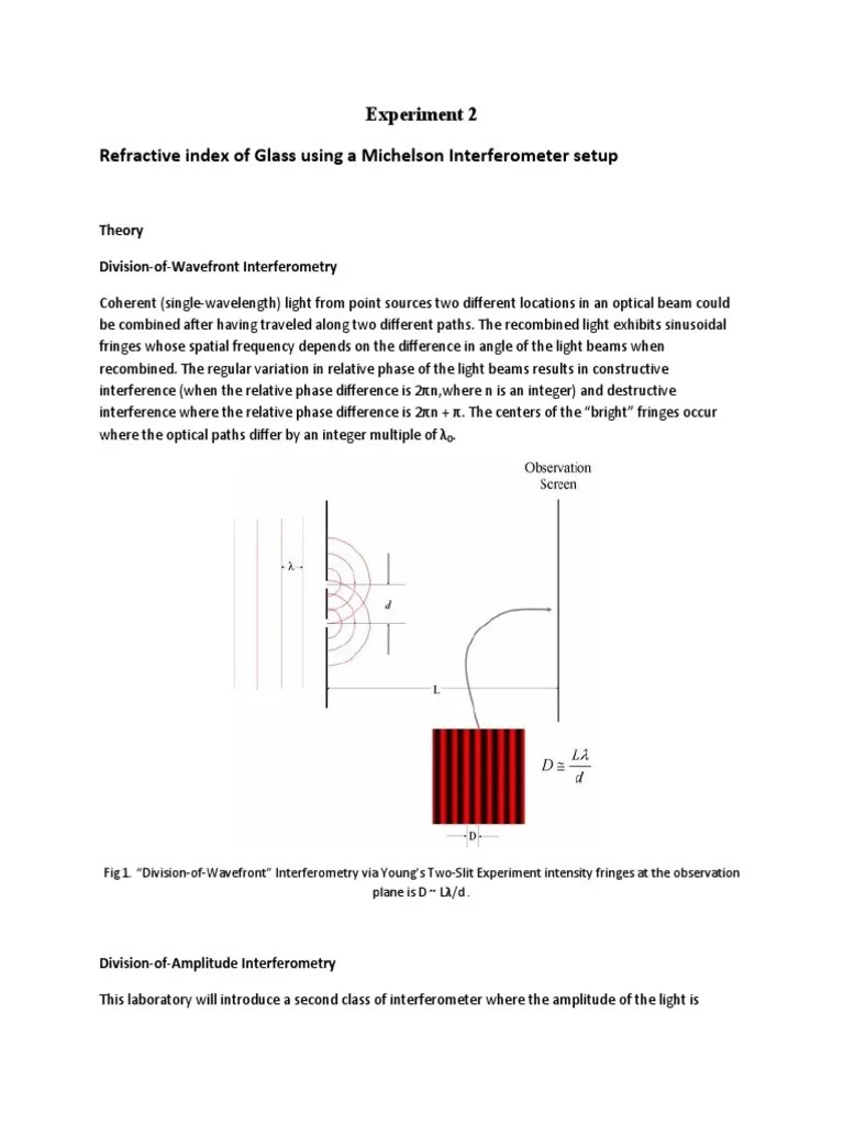 Experiment 2 Refractive Index of Glass Using A Michelson Interferometer