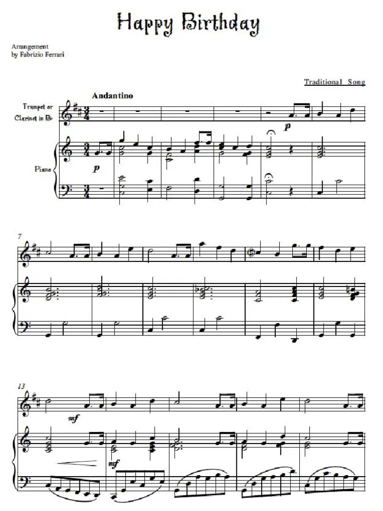 Happy Birthday for Trumpet or in B Flat and Piano