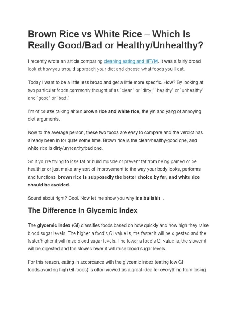 White Rice vs. Brown Rice Info PDF Glycemic Index Rice