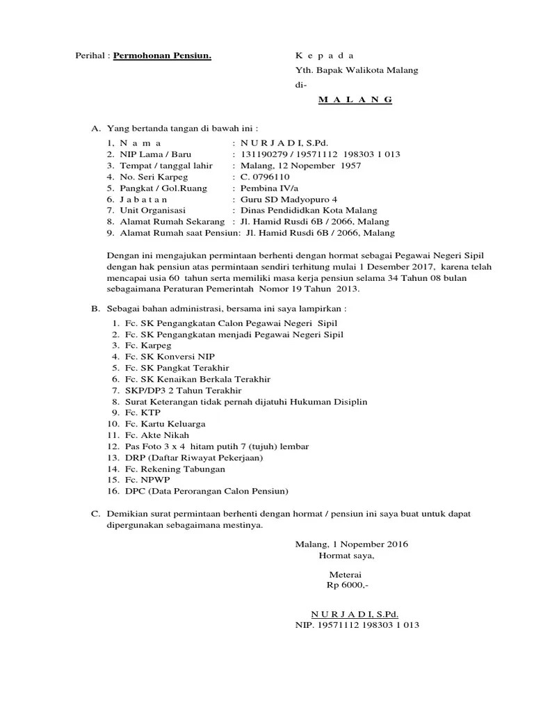 Contoh Surat Permohonan Pensiun Karena Sudah Mencapai Batas Usia Bagi