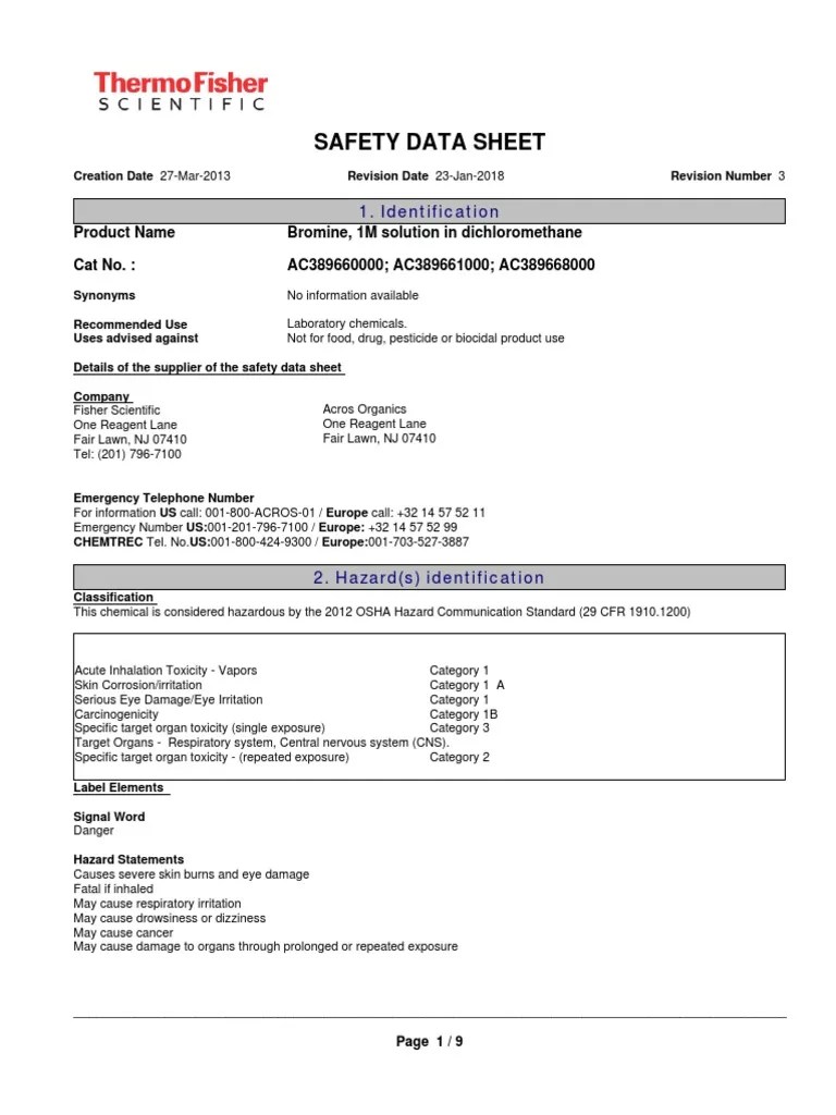 Safety Data Sheet for Bromine, 1M Solution in Dichloromethane A Highly