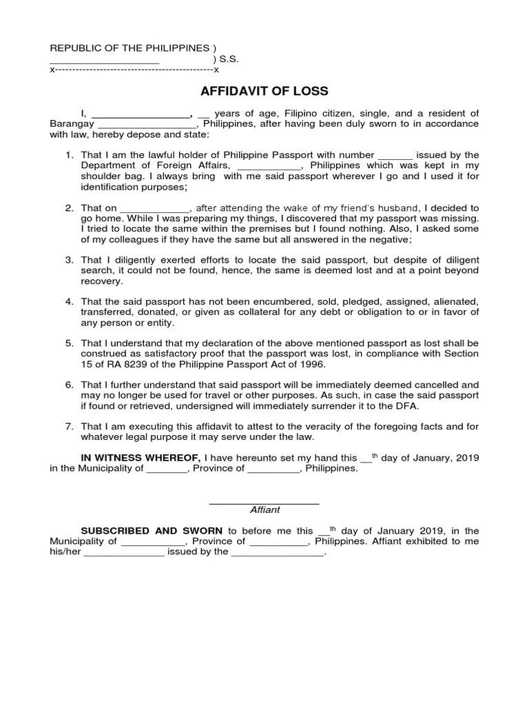 Affidavit of Loss Passport Affidavit Passport