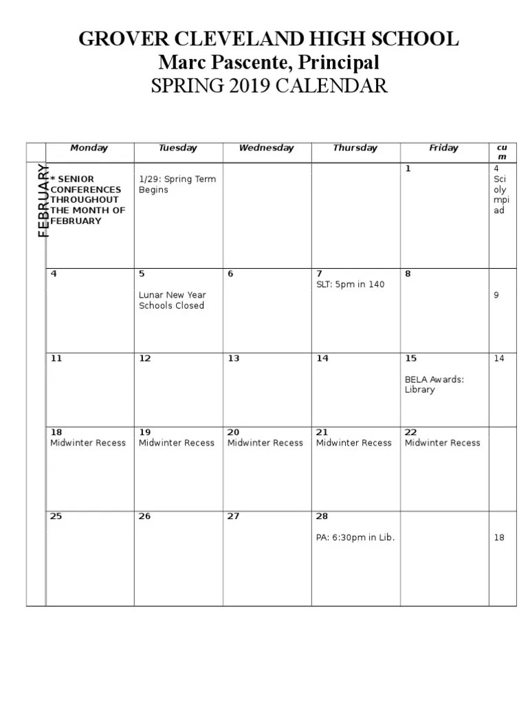 Grover Cleveland High School Calendar PDF
