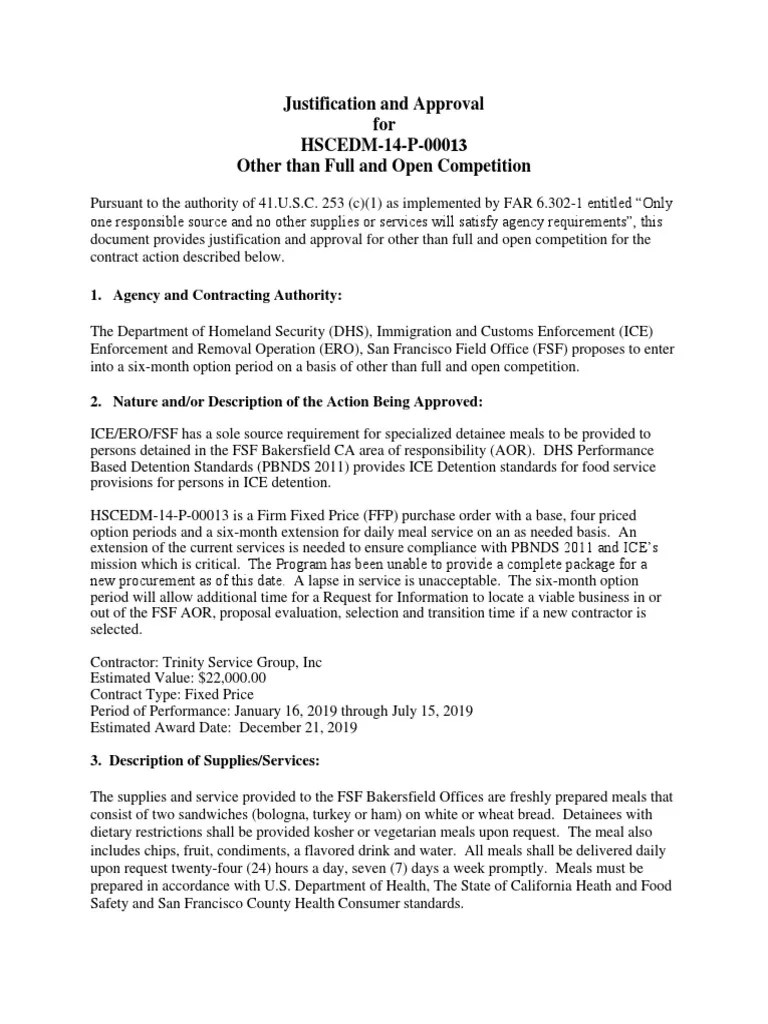 Justification and Approval for Other Than Full and Open Competition 121718 U.S. Immigration