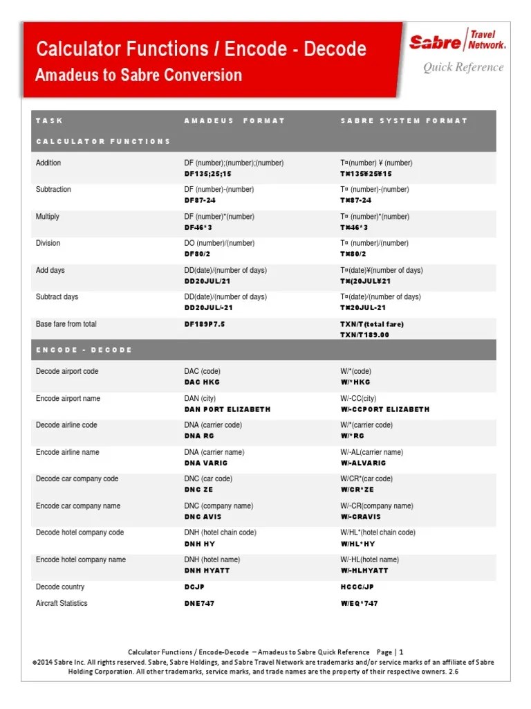 Calculator Functions / Encode Decode Amadeus To Sabre Conversion