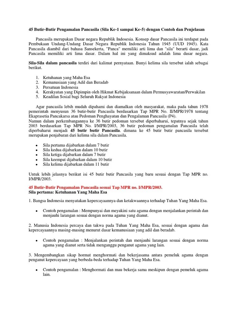 4, 45 Butir-Butir Pengamalan Pancasila (Sila Ke-1 Sampai Ke-5) Dengan  Contoh Dan Penjelasan | PDF