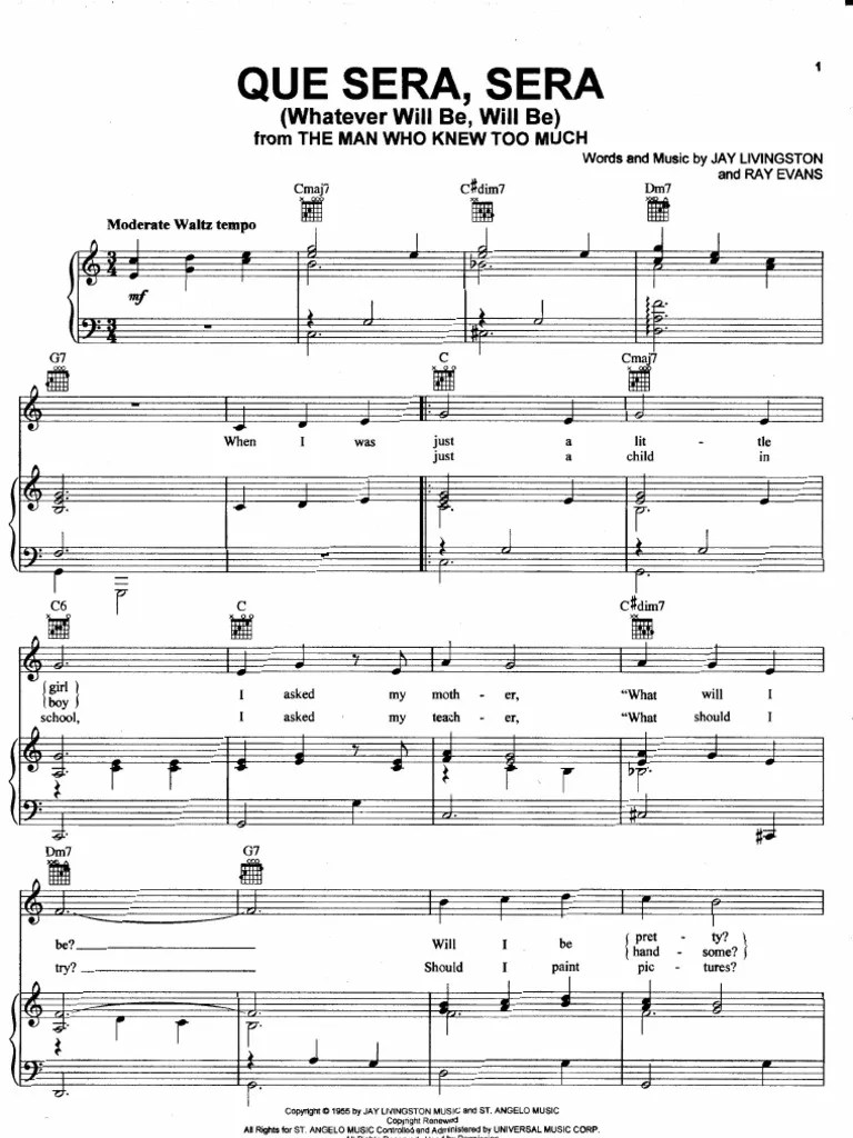 Que Sera, Sera by Doris Day Piano Sheet