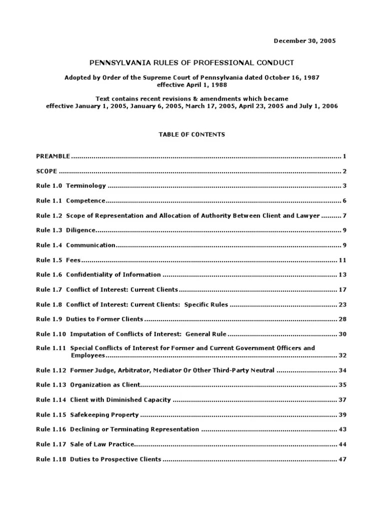 Pa Rpc Pennsylvania Rules of Professional Conduct Lawyer Consent