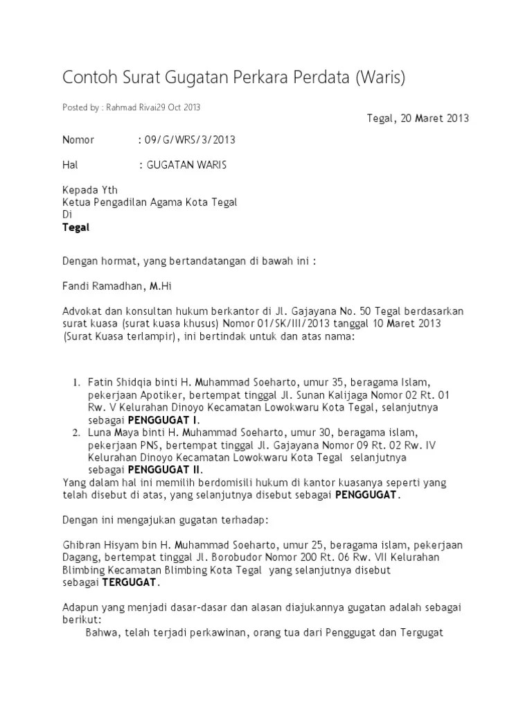 15 Contoh Surat Gugatan Tentang Warisan