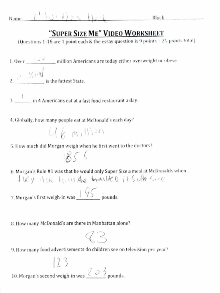 Supersize Me Worksheet Answers