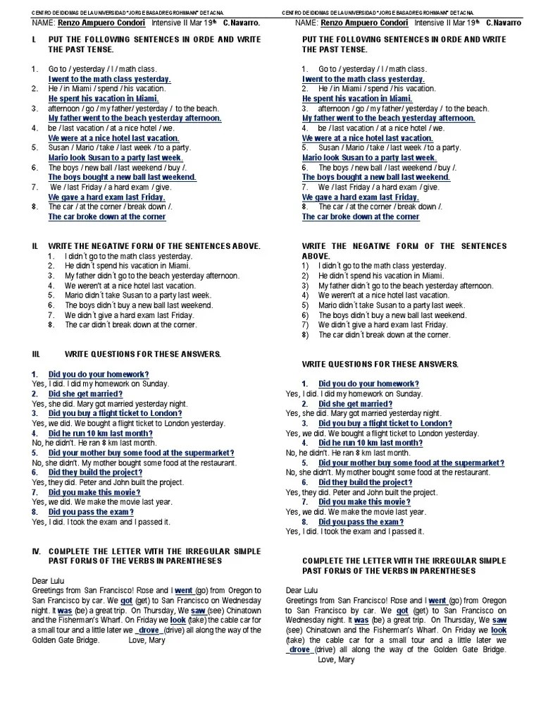 Put The Following Sentences in Orde and Write The Past Tense PDF