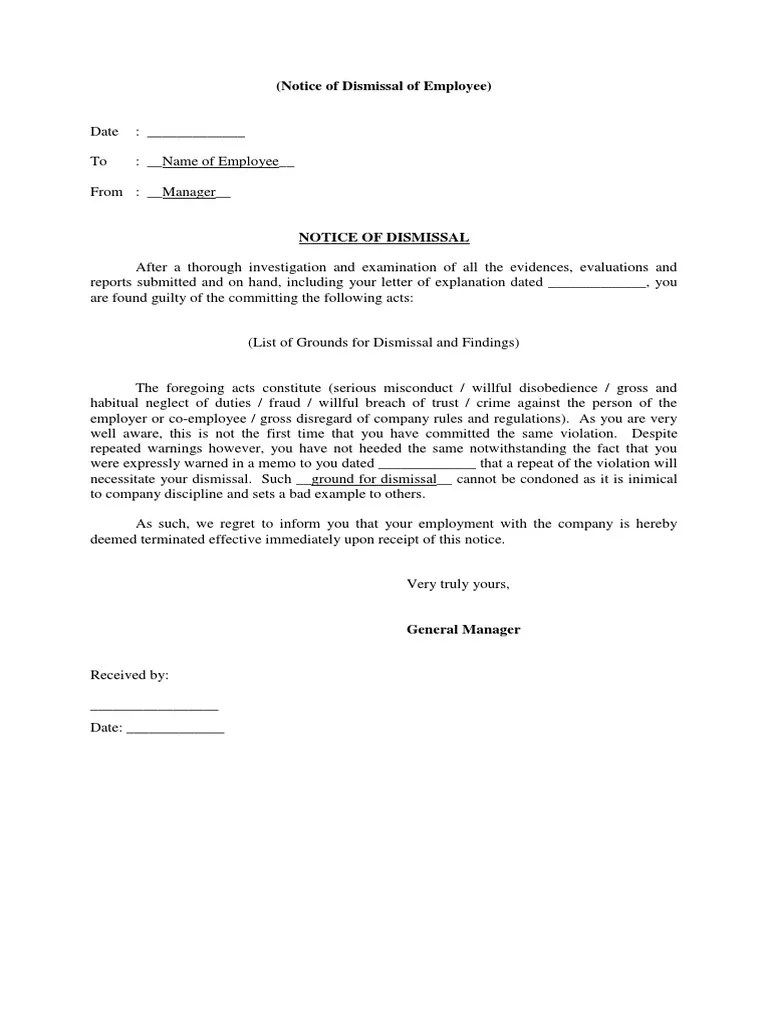 Notice of Dismissal of Employee