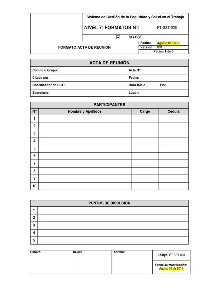 FTSST028 Formato de Acta de Reunión