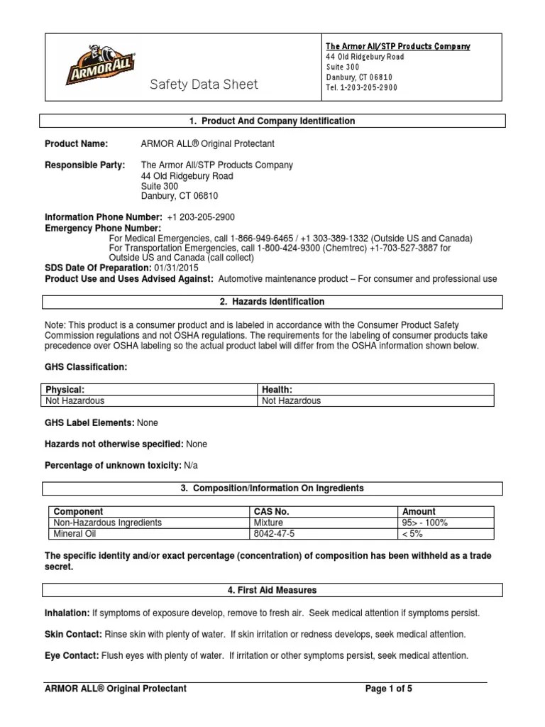Armor All Original Protectant (201501) SDS English PDF Toxicity