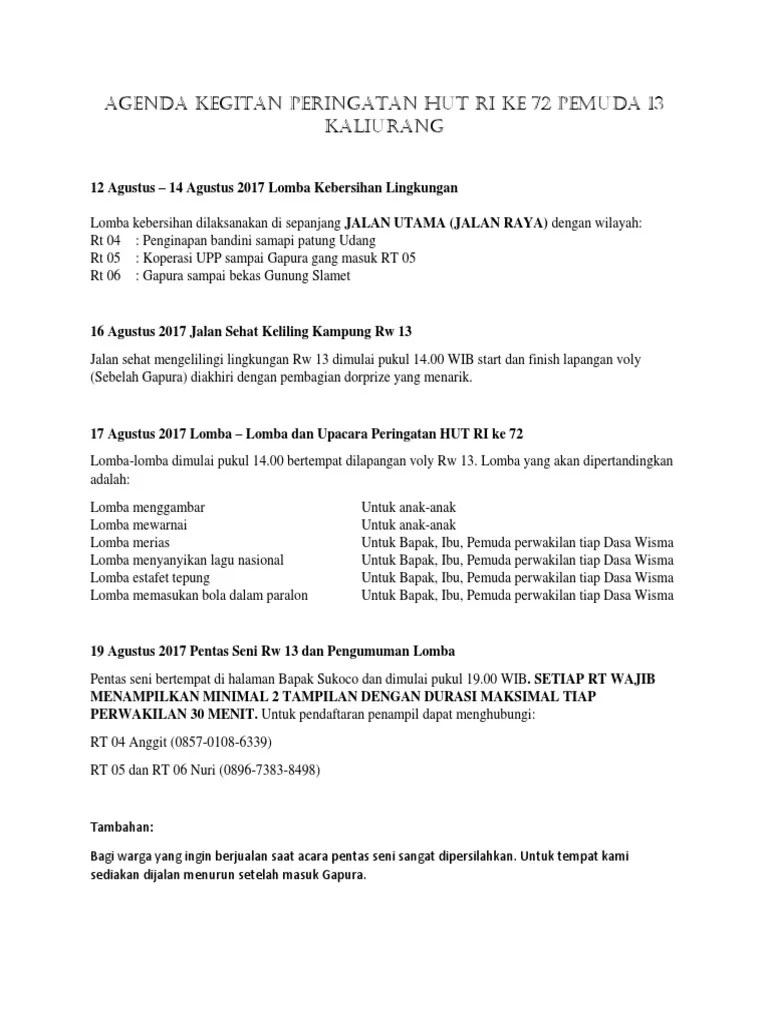 Agenda Kegitan Peringatan Hut Ri Ke 72 Pemuda 13 Kaliurang