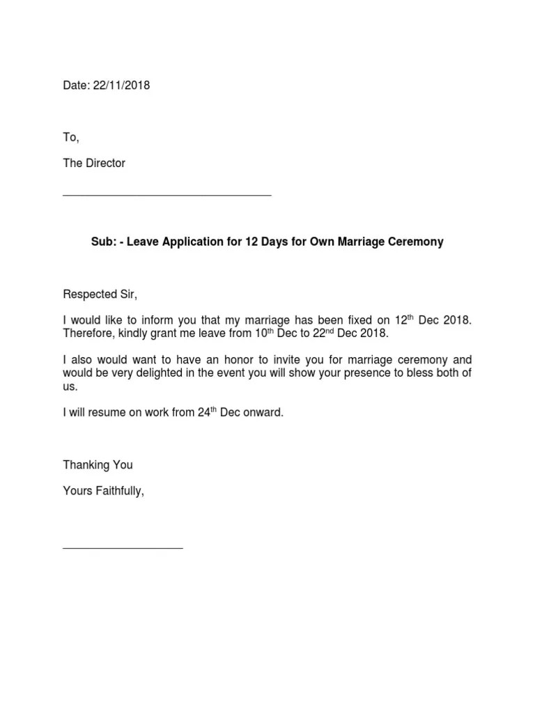 Wedding Marriage Leave Application An Application To The Principal