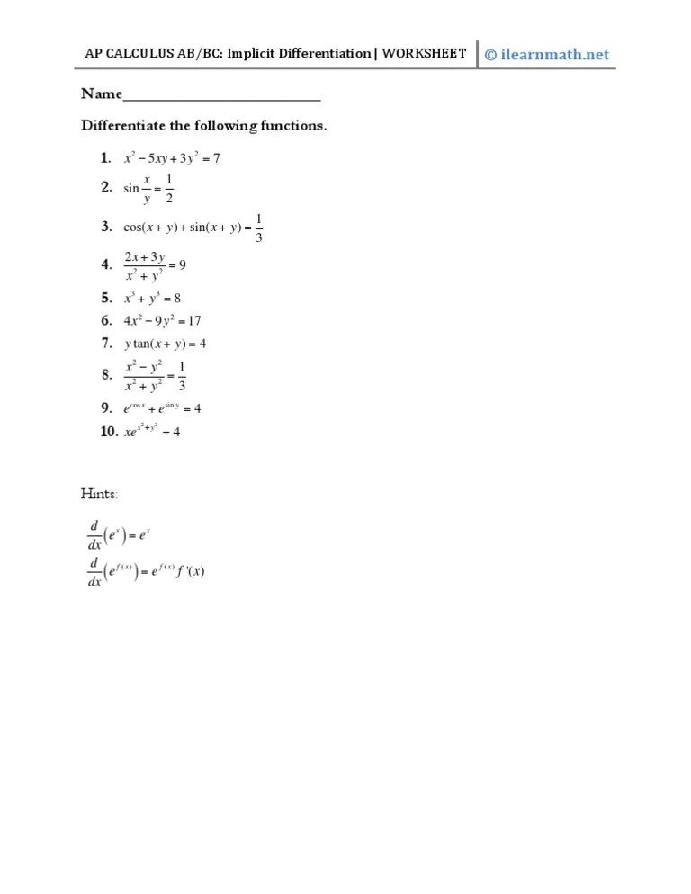 IMPLICIT DIFFERENTIATION WORKSHEET 2010 2011 AP