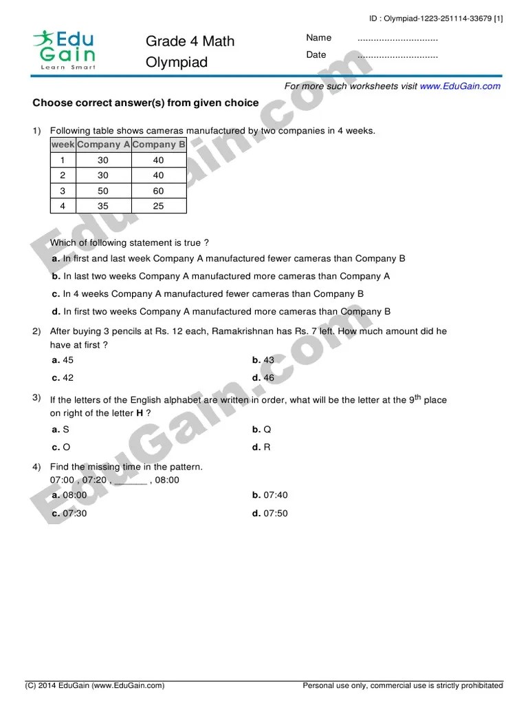 Math Olympiad Class 4 sample Paper Mathematics