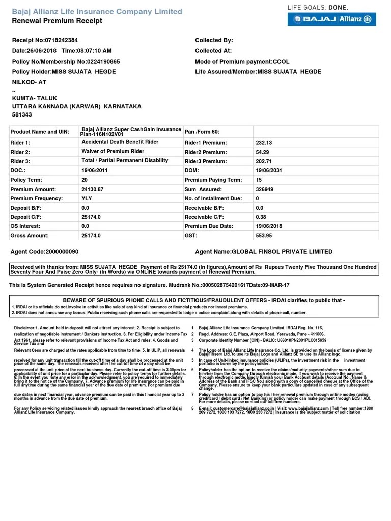 Bajaj Allianz Health Insurance Premium Receipt Insurance