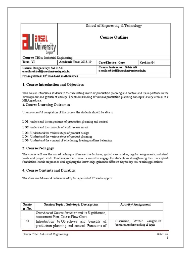 Syllabus Industrial Engineering Scheduling (Production Processes) Cognition