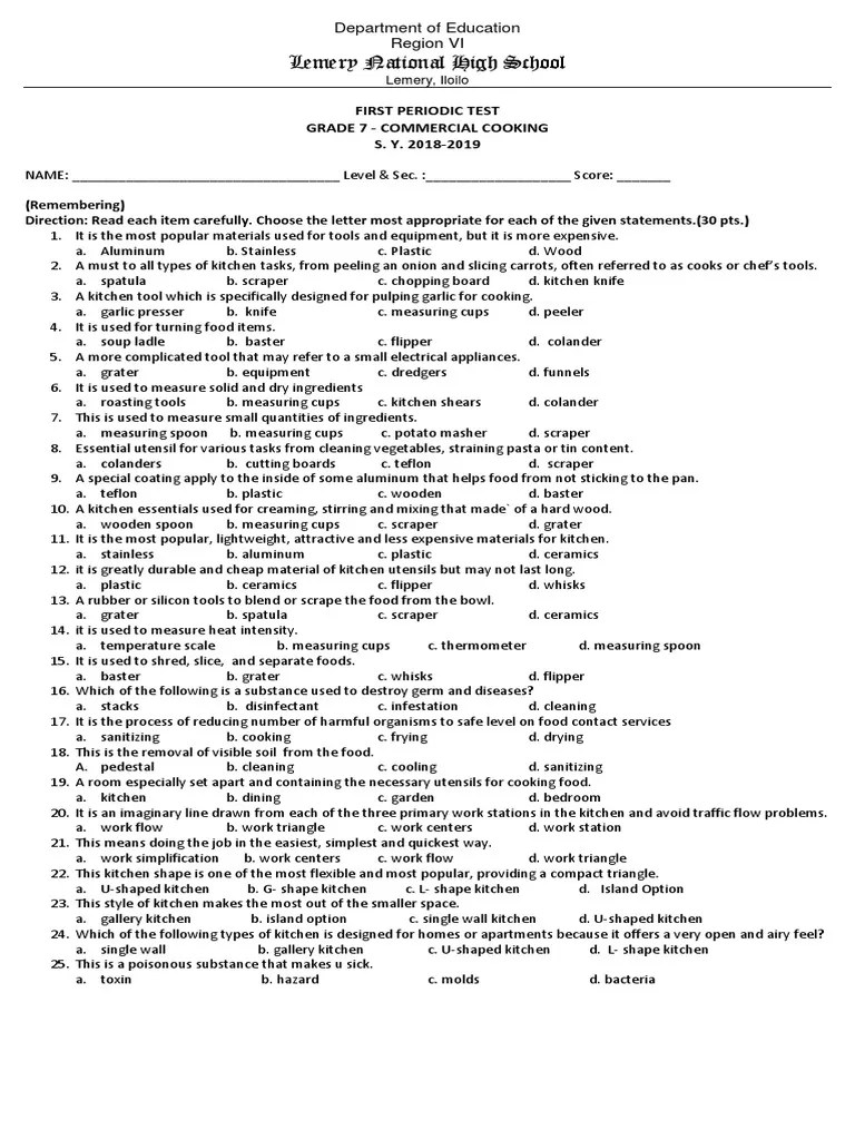 Kitchen Tools and Equipment Identification Test Answers and Key for