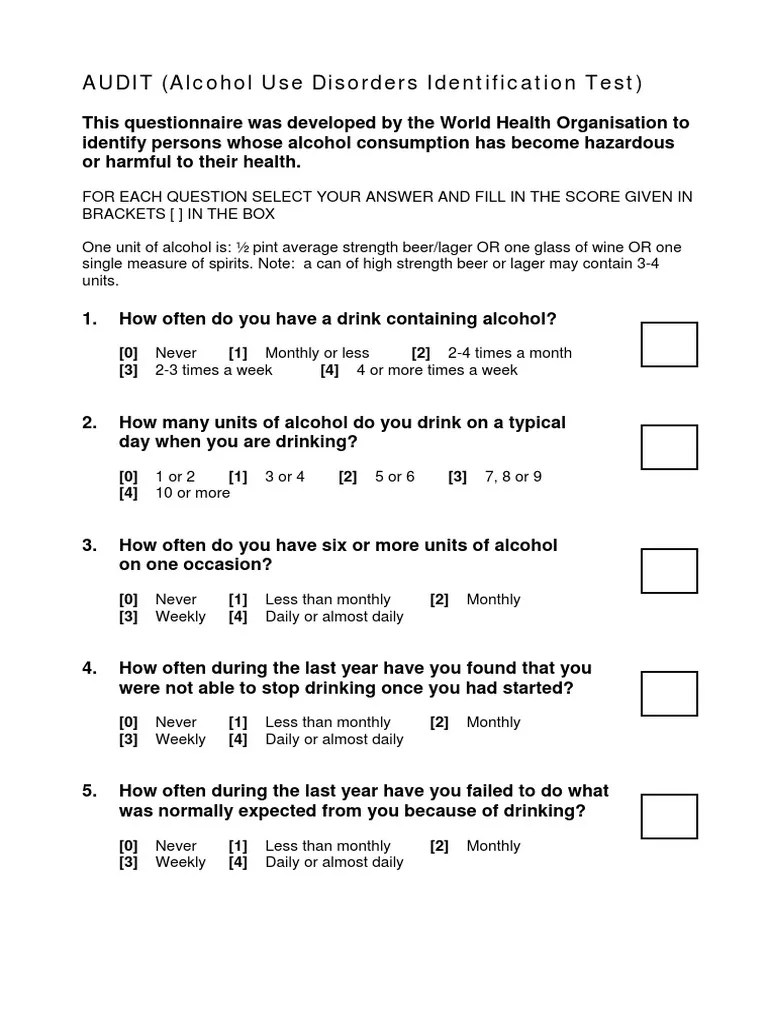 Alcohol Use Disorders Identification Test (AUDIT) Alcoholism Alcoholic Drinks