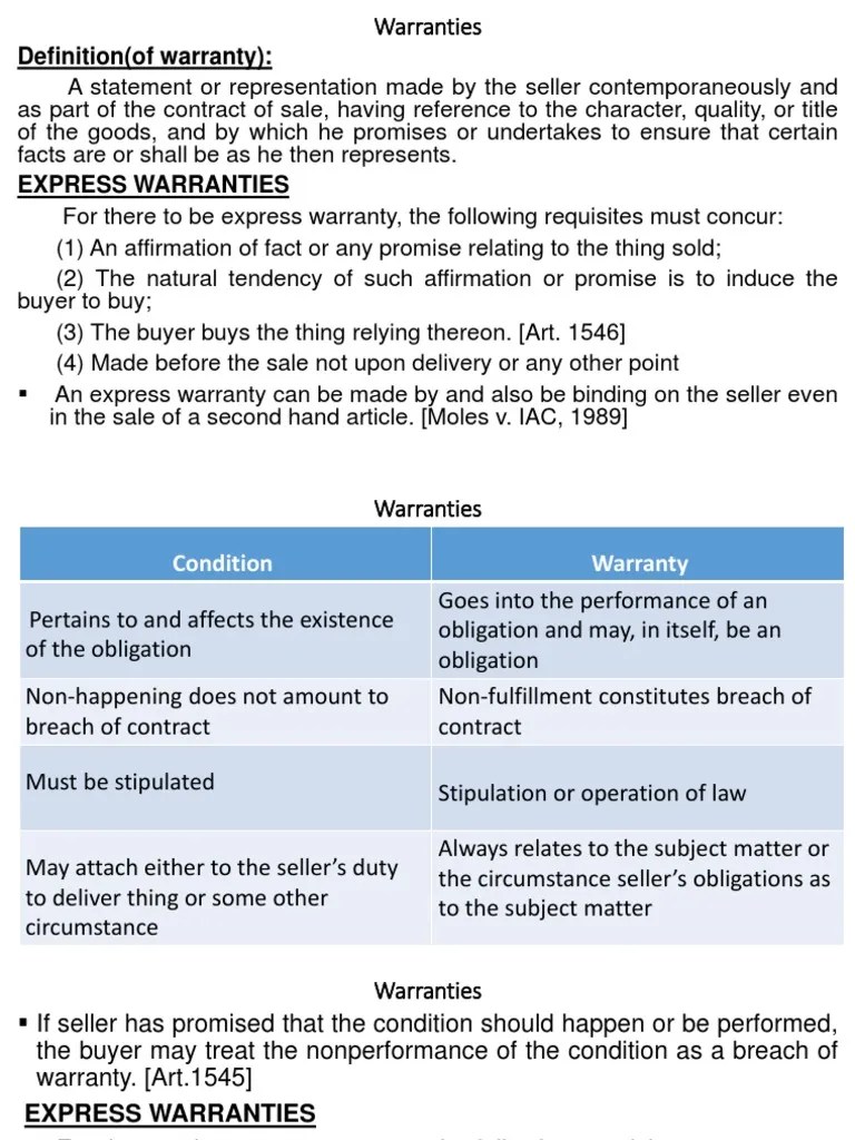 Warranties Definition(of warranty) Implied Warranty Lease