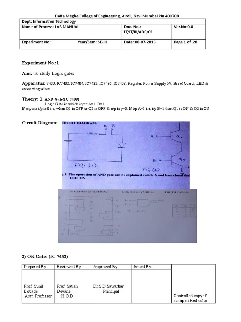Experiment No.1 Aim To Study Logic Gates Apparatus PDF Logic Gate