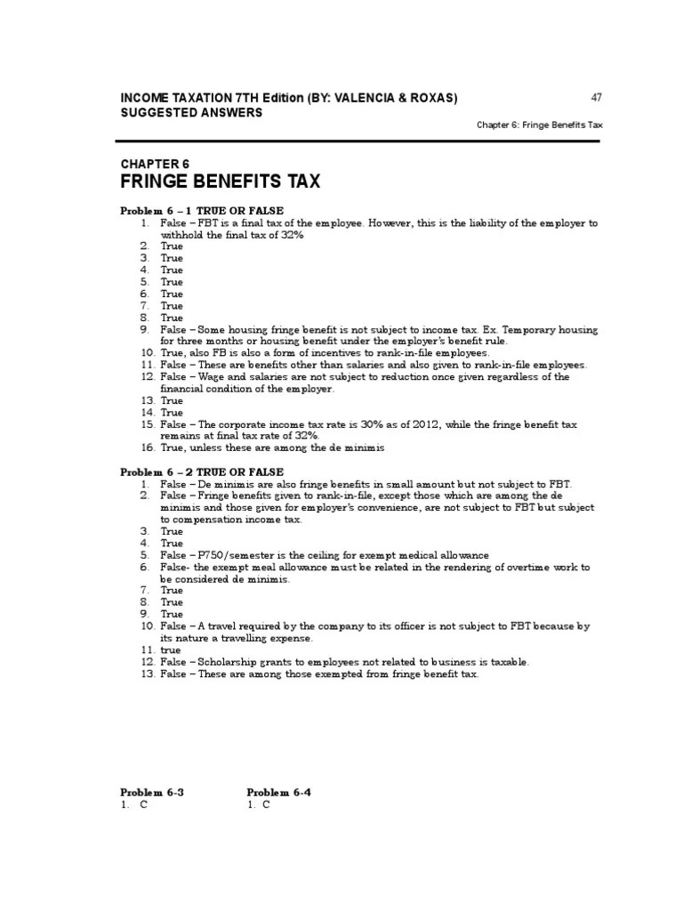 Fringe Benefits Tax Taxation 7Th Edition (By Valencia & Roxas