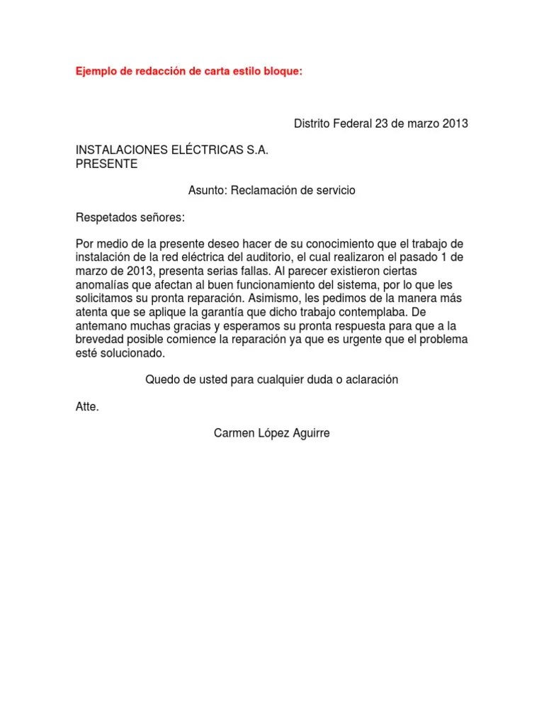Ejemplo de Redacción de Carta Estilo Bloque