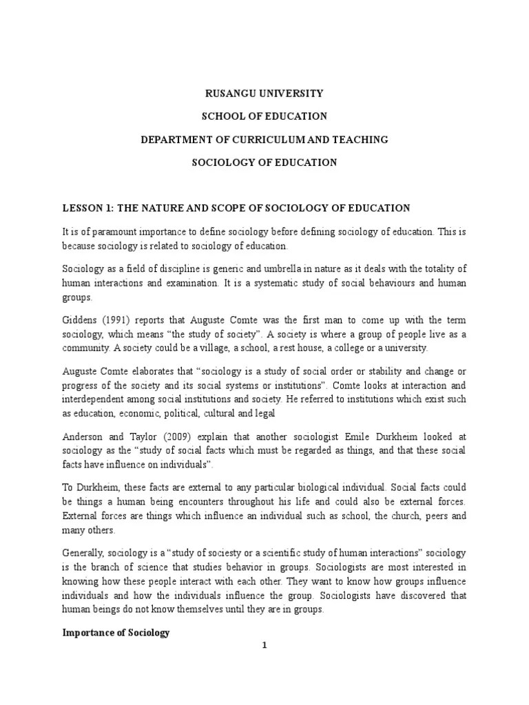 Sociology of Education Lecture Notes PDF Socialization Émile