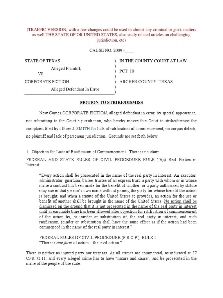 Motion To Dismiss For Lack of Standing PDF Standing (Law) Crime