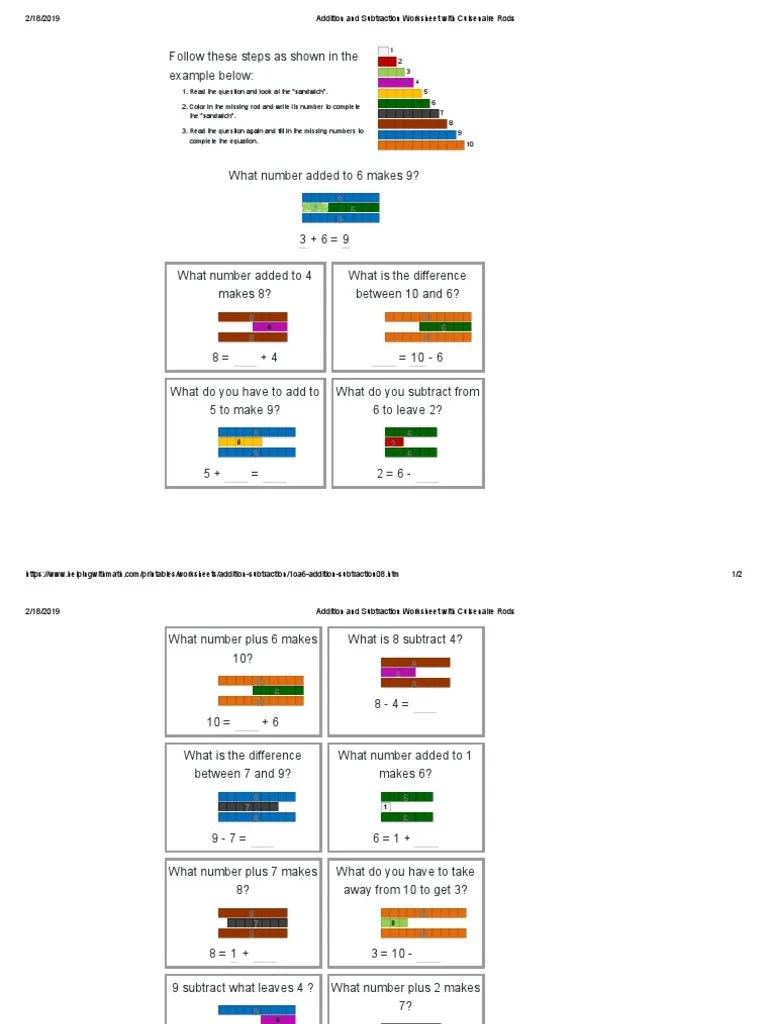 Addition and Subtraction Worksheet With Cuisenaire Rods PDF Subtraction Analysis