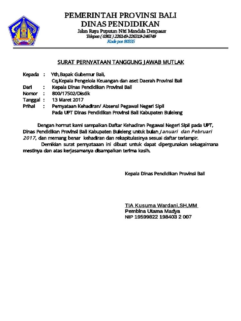 Surat Pernyataan Tanggung Jawab Mutlak Kepala Skpd Contoh Seputar Surat